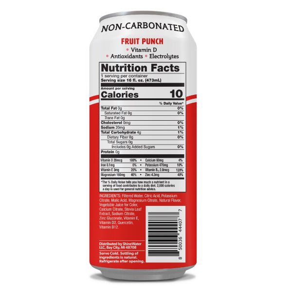 Nutrition facts label on a can of non-carbonated fruit punch drink.