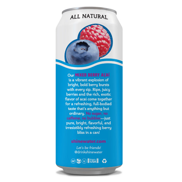 Can of 'All Natural' berry drink with blue and white design on a white background