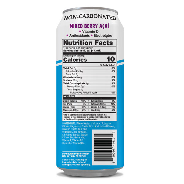 Nutrition facts label on a can of non-carbonated mixed berry acai drink.
