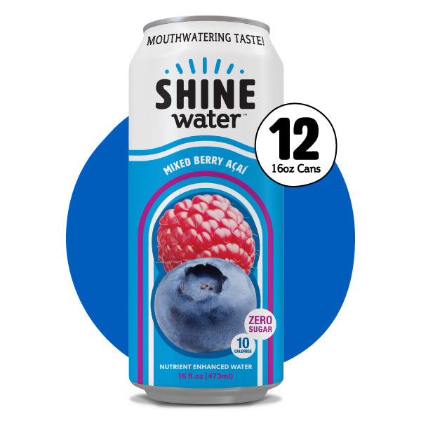 A 12-pack of 16oz cans of ShineWater Mixed Berry Acai flavor, with a prominent blue color background and images of berries on the can design.