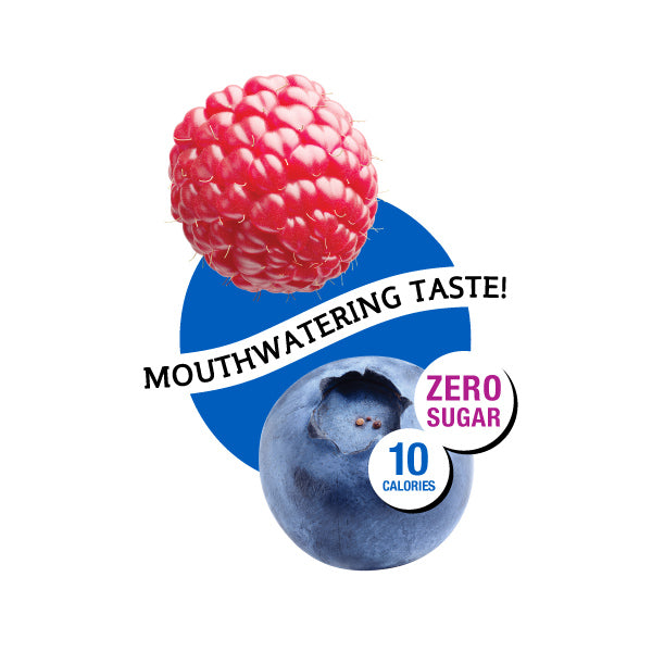 Raspberry and blueberry with health benefits text on a white background