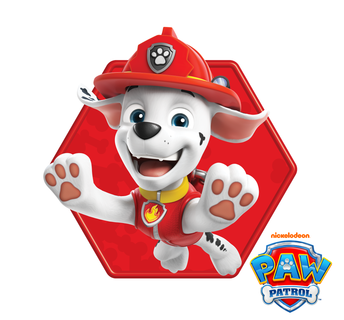 Cartoon dog character from Paw Patrol on a red background with Nickelodeon logo.