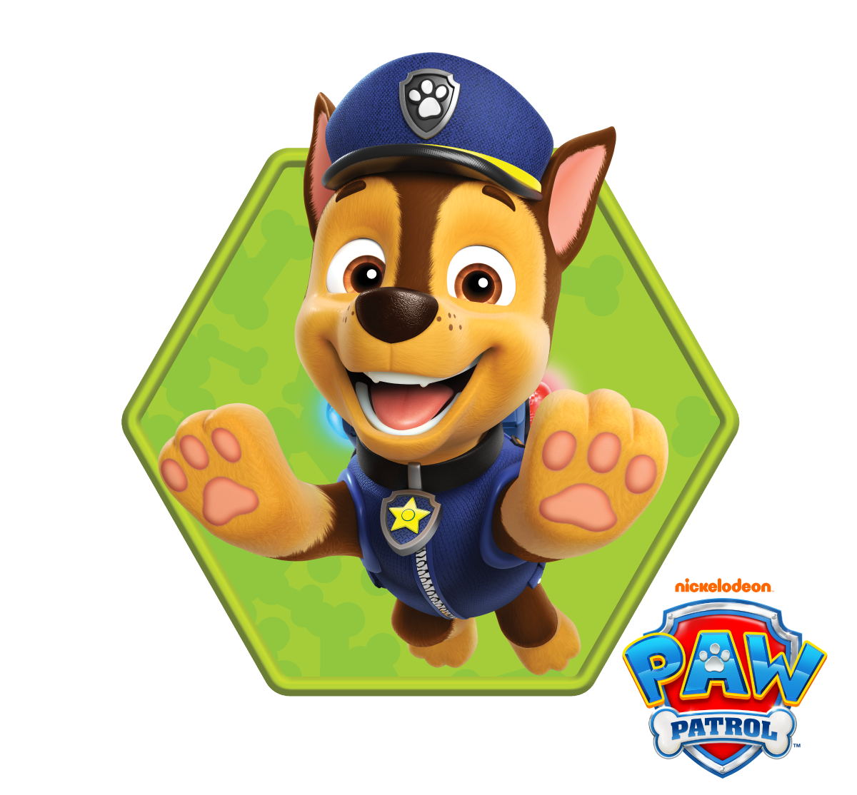 Cartoon dog character from PAW Patrol on a green hexagonal background with Nickelodeon logo.