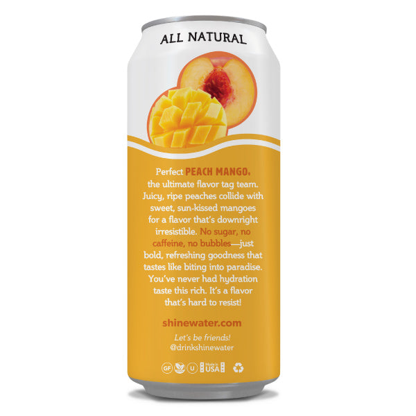 Can of All Natural Peach Mango flavored drink with mango and peach graphics on a white background