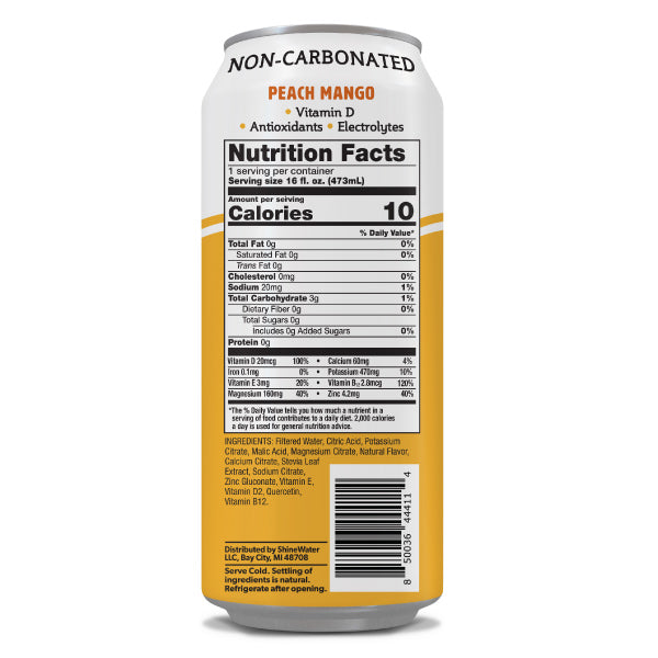 Nutrition facts label on a can of peach mango flavored drink.