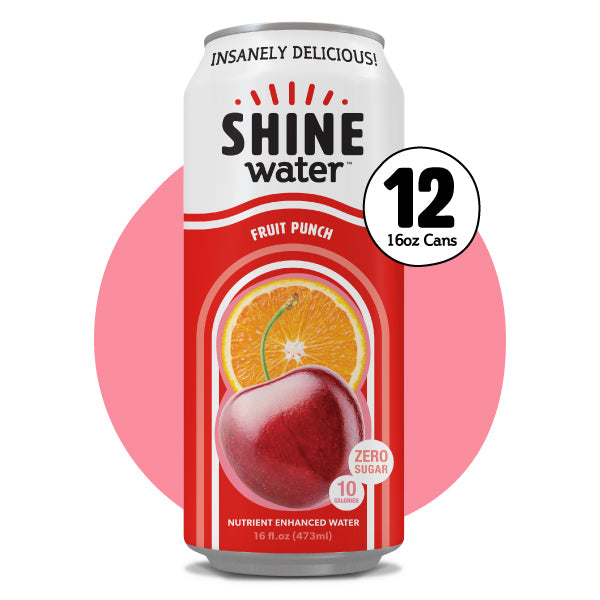 Shine Water Fruit Punch can with a pink circle background
