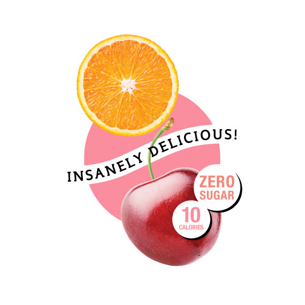Orange and cherry with text 'Insanely Delicious! Zero Sugar' on a white background