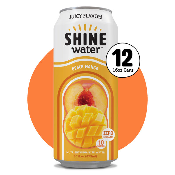 Shine Water Peach Mango flavor can with an orange circle in the background