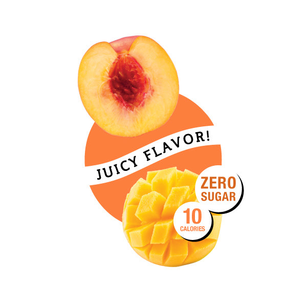 Peach and mango with 'Juicy Flavor!' and 'Zero Sugar' text on a white background