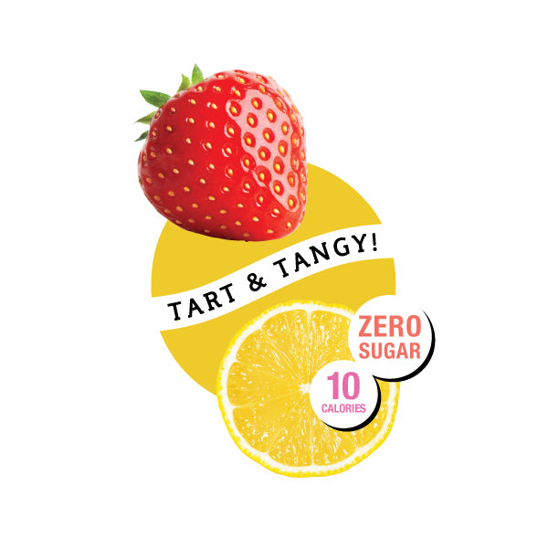 Strawberry and lemon with text 'Tart & Tangy! Zero Sugar' on a white background