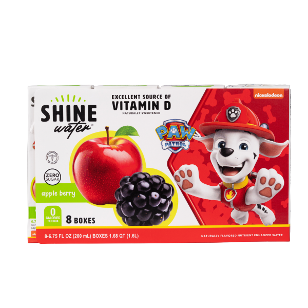 Box of Shine hydration water with Paw Patrol character on a white background