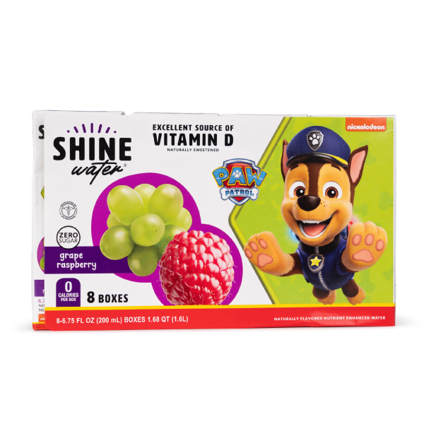 Box of Shine vitamin enhanced water with Paw Patrol character on a white background