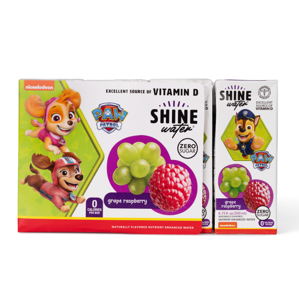 Two boxes of Paw Patrol Shine flavored Water with grape raspberry flavor on a white background