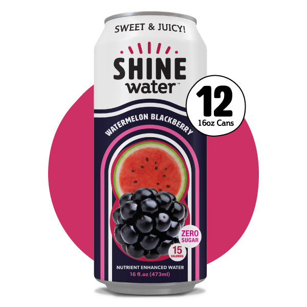 A 12-pack of 16oz cans of ShineWater, with a featured flavor of Watermelon Blackberry, indicating it is a nutrient-enhanced water without sugar.