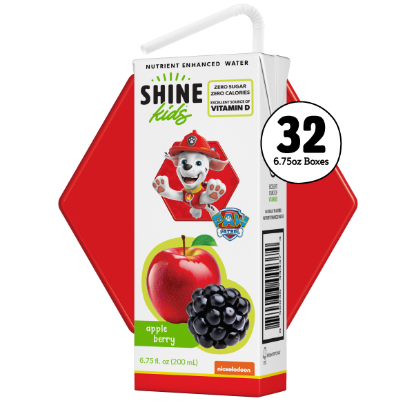 Shine Kids nutrient enhanced water box with Paw Patrol character on a white background