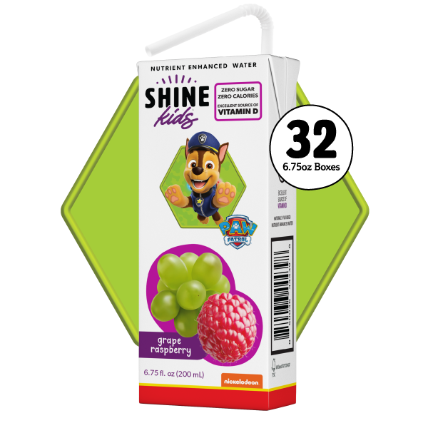 Box of Shine Kids nutrient enhanced water with Paw Patrol character on a white background