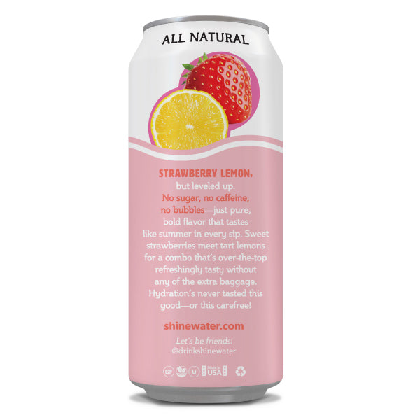 Pink can of strawberry lemonade with lemon and strawberry graphics on a white background