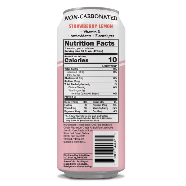 Nutrition facts label on a strawberry lemon drink can