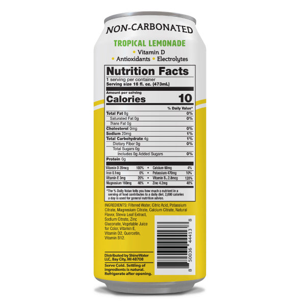 Nutrition facts label on a can of non-carbonated tropical lemonade.