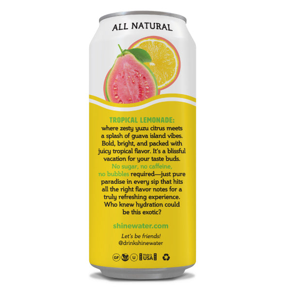 Shinewater Tropical Lemonade vitamin enhanced drink can with fruit illustration and text on a white background