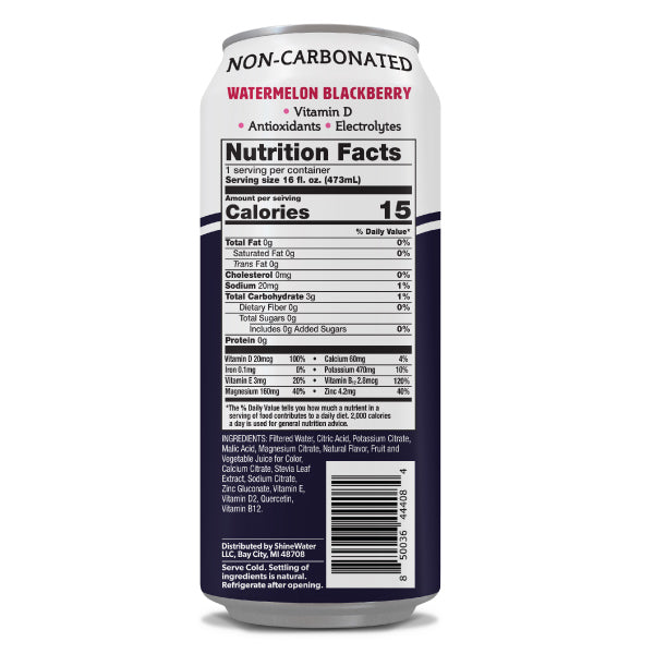 Nutrition facts label on a can of non-carbonated watermelon blackberry hydration drink.