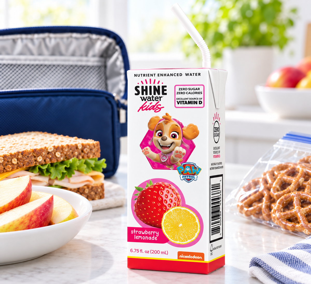 ShineWater Kids x Paw Patrol Strawberry Lemonade drink box next to a packed school lunch with a sandwich, apple slices, and pretzels