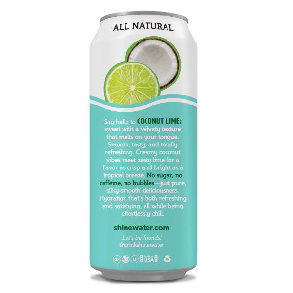 Can of Shine vitamin enhanced Water Coconut Lime flavor on a white background