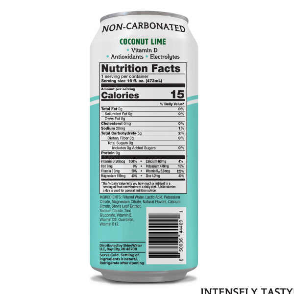 Can of coconut lime beverage with nutrition facts label on a white background