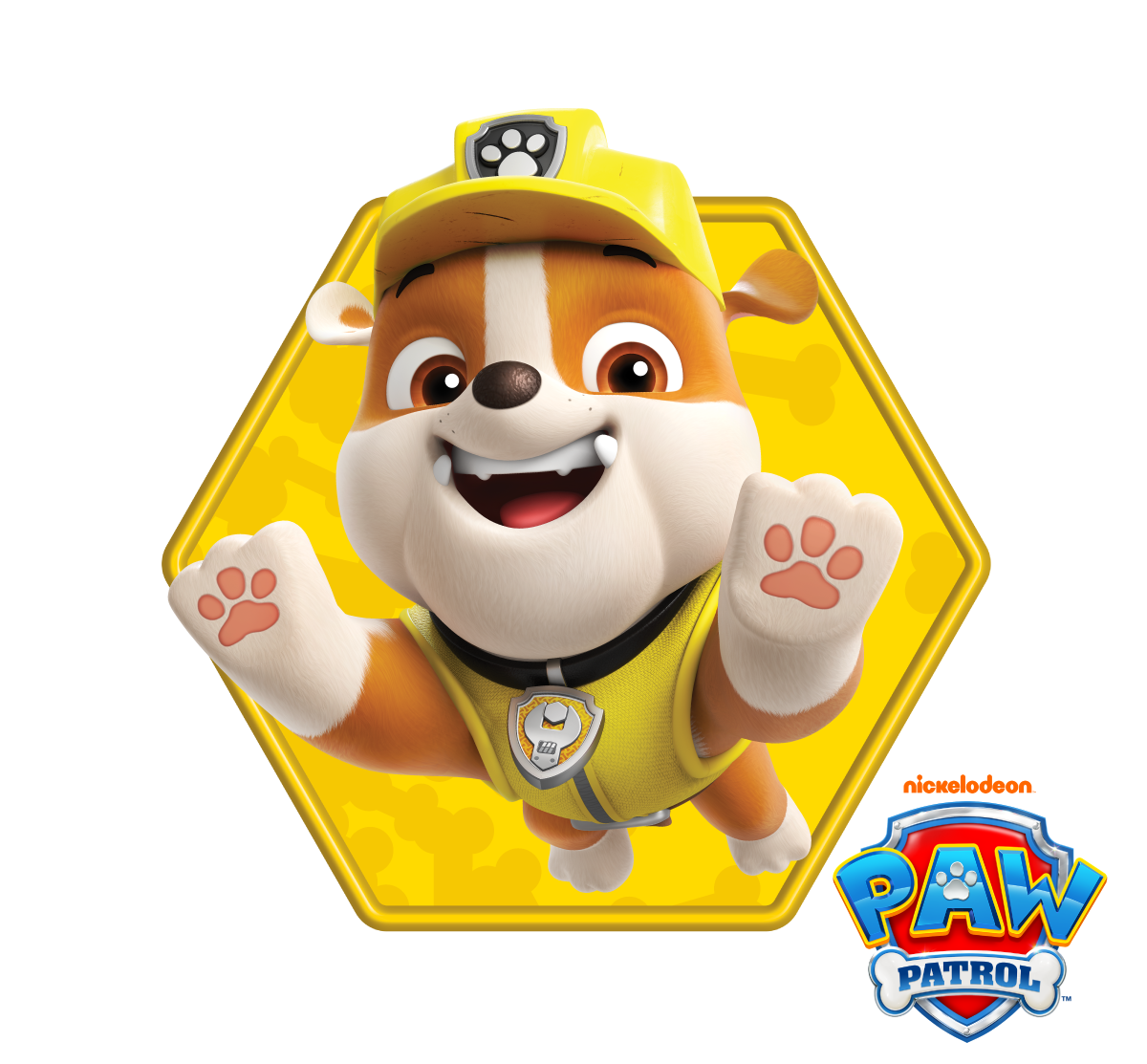 Hexagonal badge with a cartoon dog character from PAW Patrol