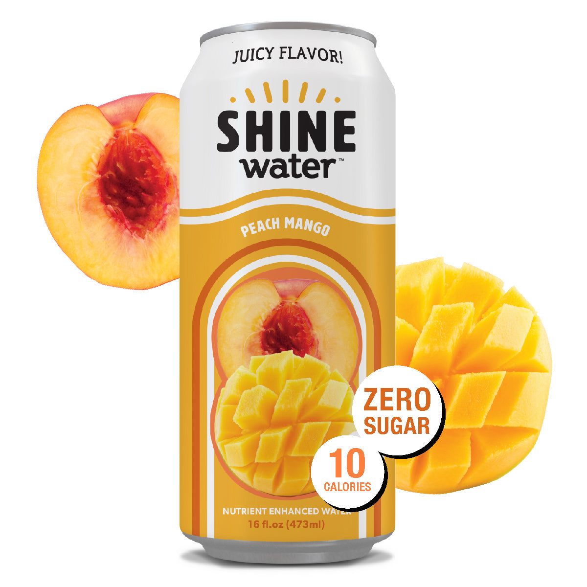 Shine water peach mango flavor can with mango and peach graphics on a white background