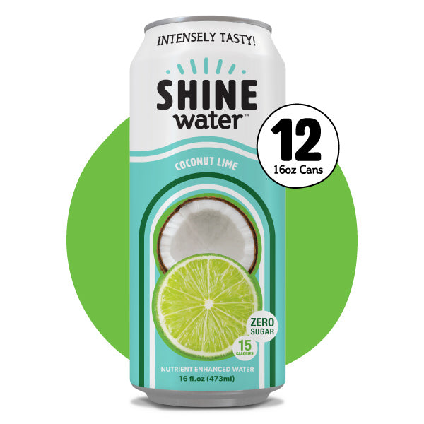 Shine Water coconut lime flavor can with a green circle in the background