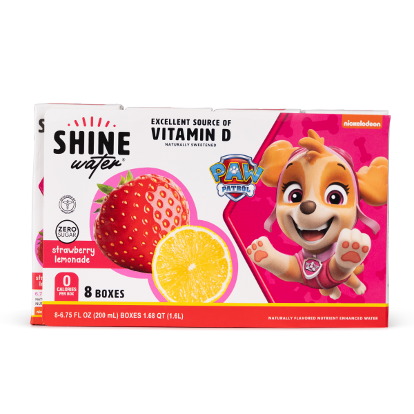 Box of Shine water with Strawberry Lemonade flavor and Paw Patrol character on a white background