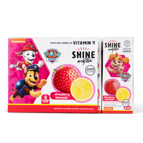 Two boxes of Paw Patrol Shine hydration Water with strawberry lemonade flavor on a white background