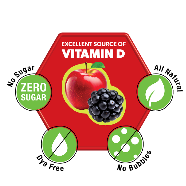 Red hexagonal product container with fruit illustration and health benefits text on a white background