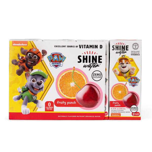 Two boxes of Paw Patrol Shine water with orange and cherry graphics on a white background