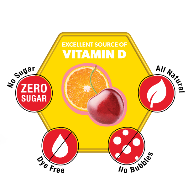 Hexagonal label with vitamin D information, orange, cherry, and health benefits on a white background