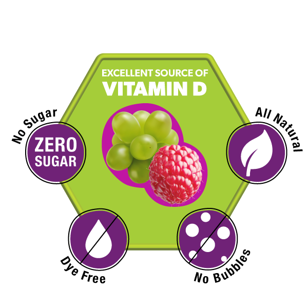 Hexagonal green label with fruit illustration and health benefits on a white background