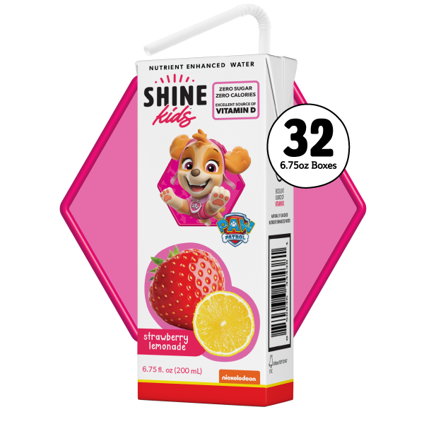 Shine Kids strawberry lemonade juice box packaging with Paw Patrol character on a white background