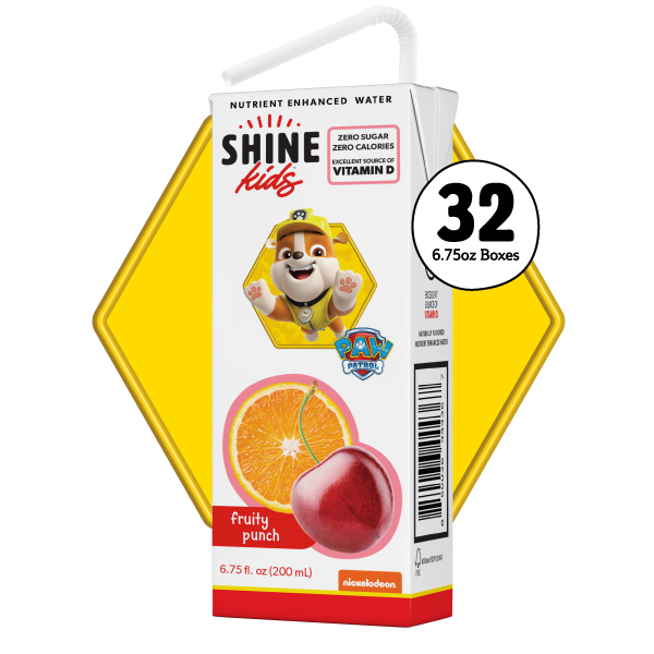 Box of Shine Kids Nutrient Enhanced Water with cartoon character and fruit illustration on a white background