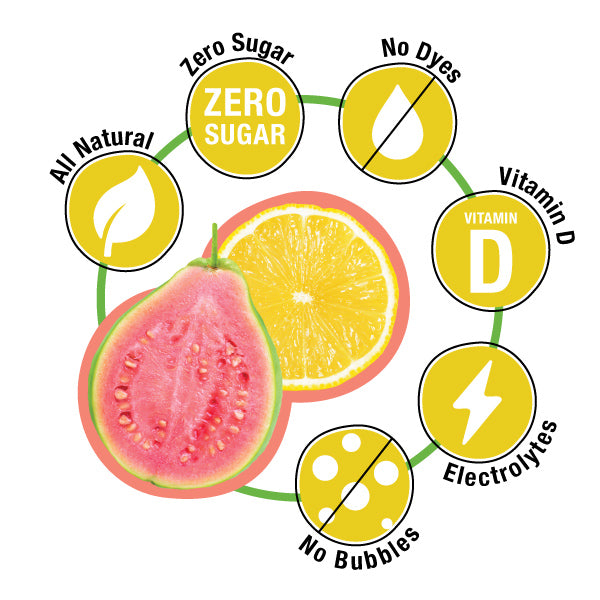 Illustration of a guava and orange with health benefits icons around them on a white background.