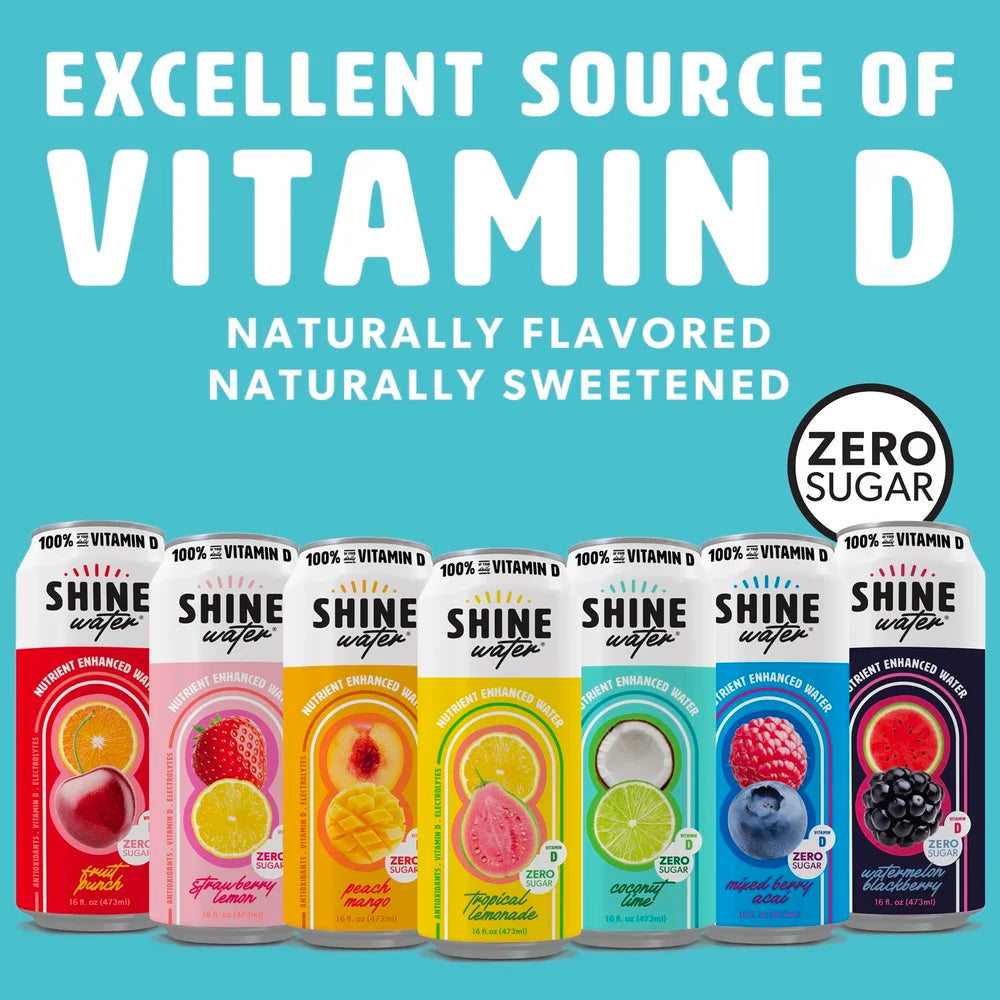 Assorted cans of Shine water with colorful labels on a blue background, highlighting vitamin D content.