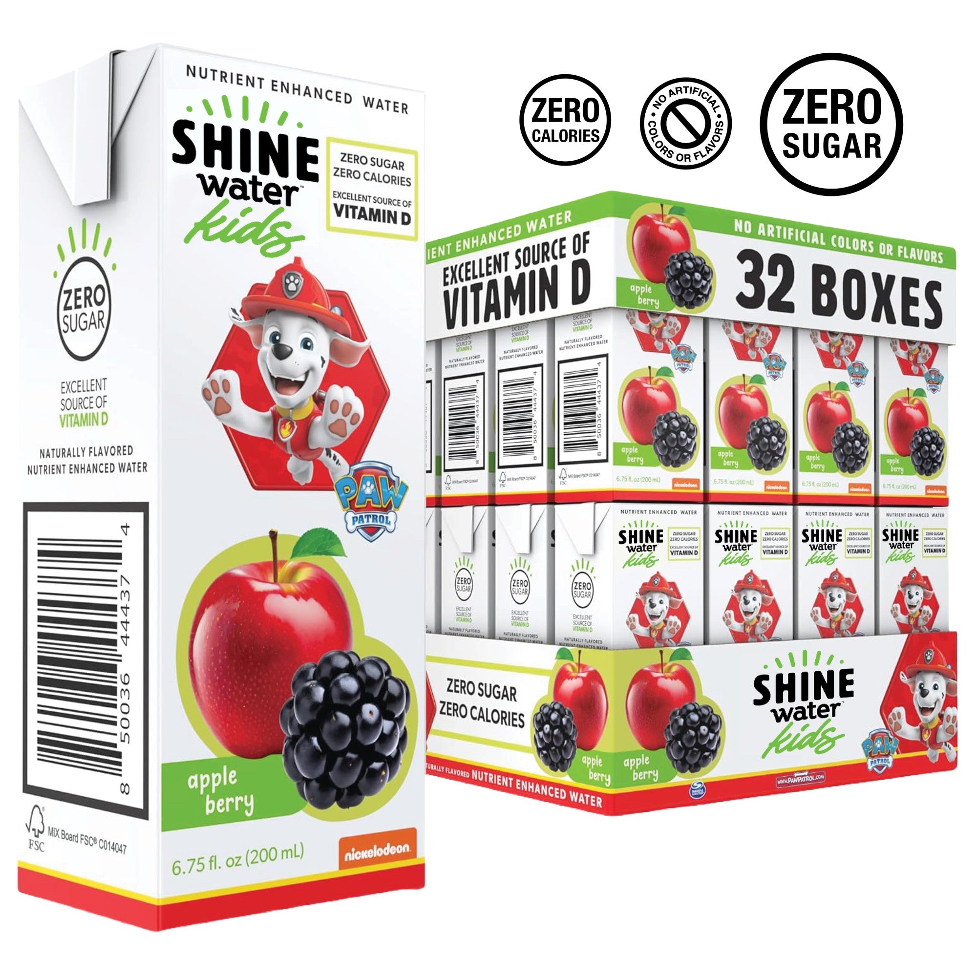 ShineWater Kids Apple Berry 32-count case with single drink box carton, zero sugar Vitamin D nutrient enhanced water
