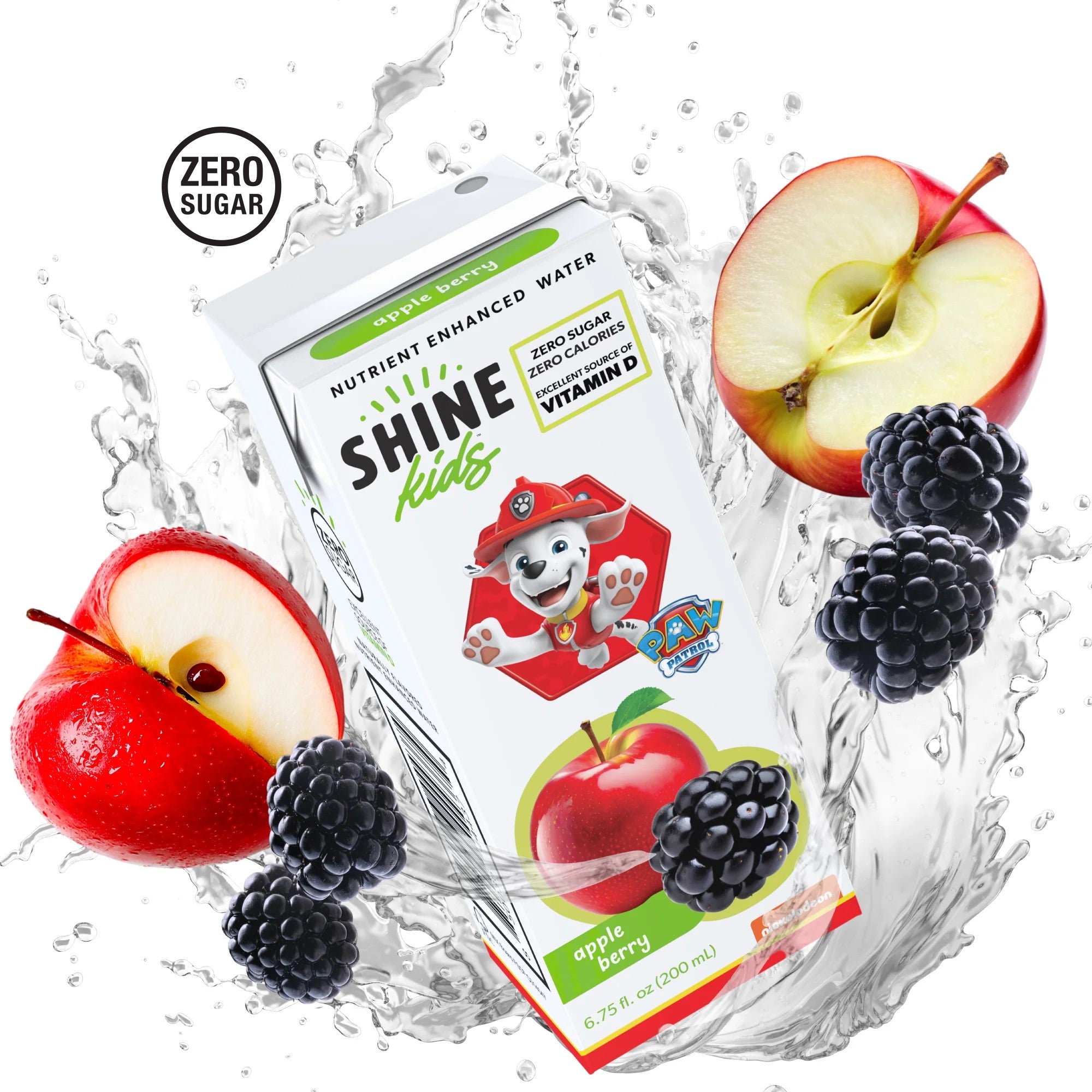 ShineWater Kids Apple Berry single drink box carton with fruit and water splash, zero sugar Vitamin D nutrient enhanced water