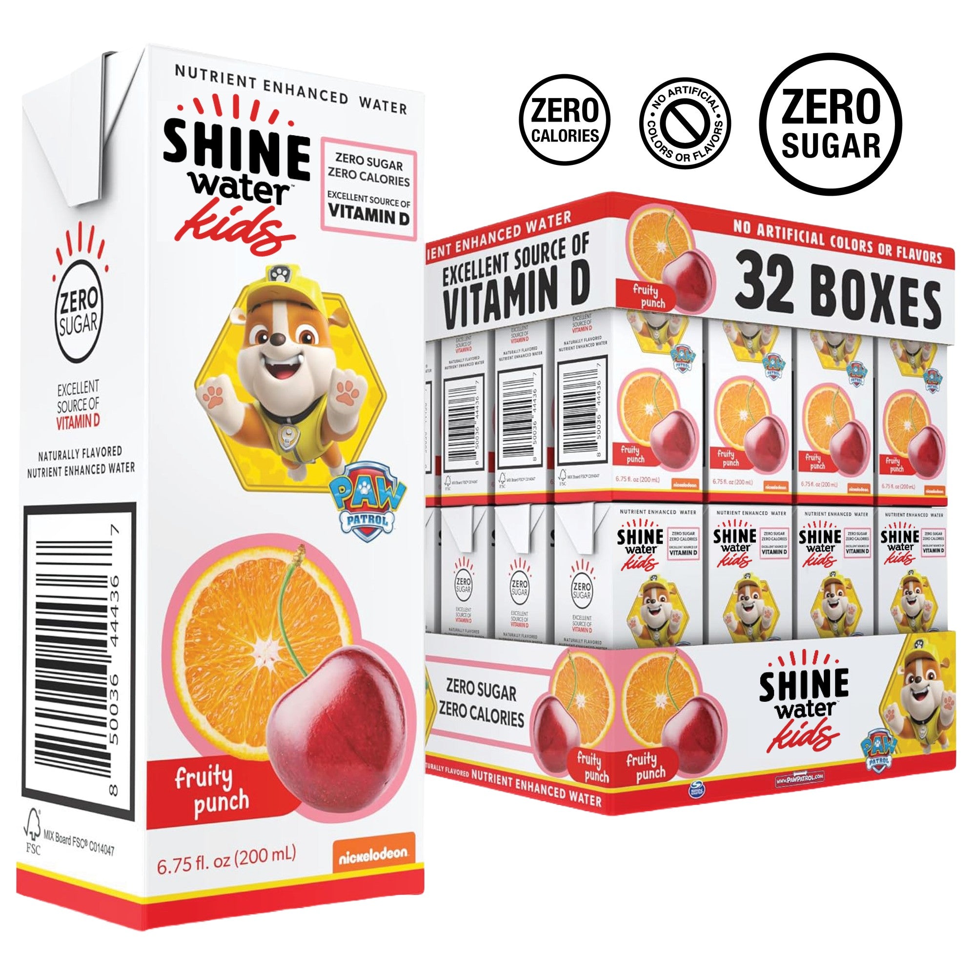ShineWater Kids Fruity Punch 32-count case with single drink box carton, zero sugar Vitamin D nutrient enhanced water