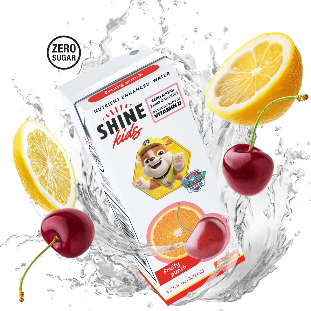 ShineWater Kids Fruity Punch single drink box carton with fruit and water splash, zero sugar Vitamin D nutrient enhanced water