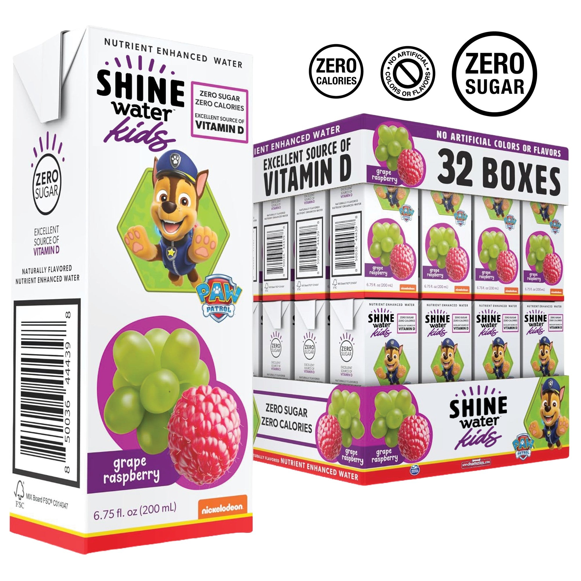 ShineWater Kids Grape Raspberry 32-count case with single drink box carton, zero sugar Vitamin D nutrient enhanced water