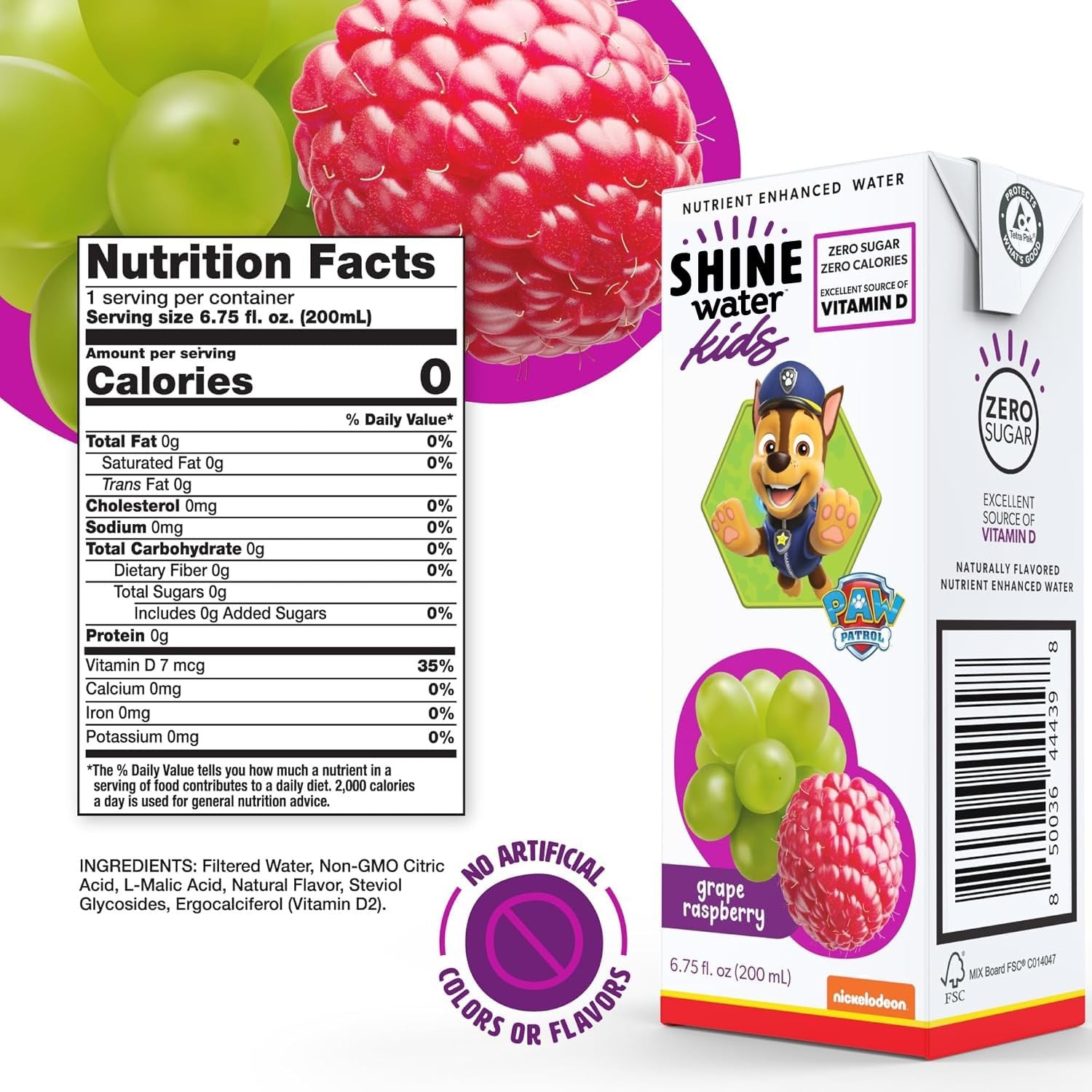 ShineWater Kids Grape Raspberry nutrition facts panel, zero calories zero sugar