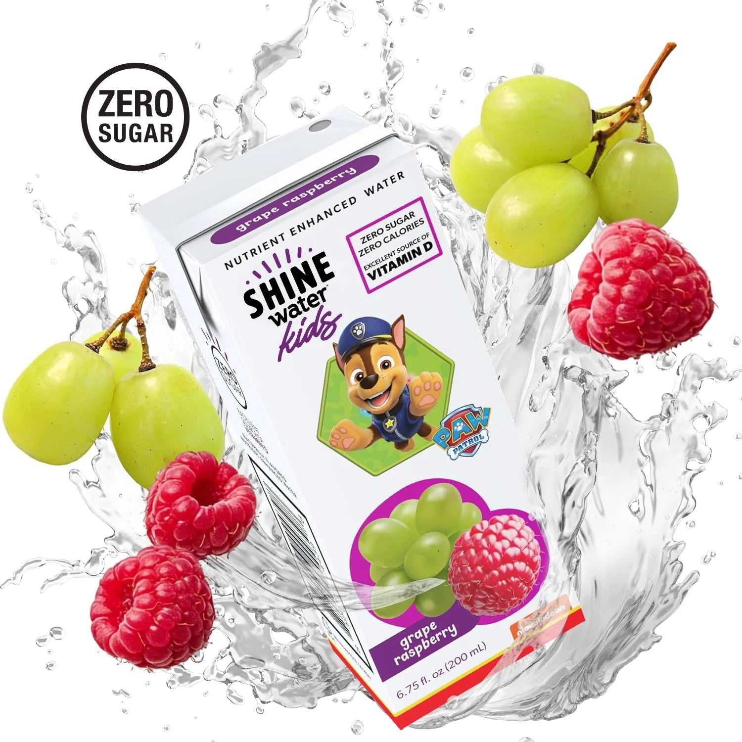 ShineWater Kids Grape Raspberry single drink box carton with fruit and water splash, zero sugar Vitamin D nutrient enhanced water