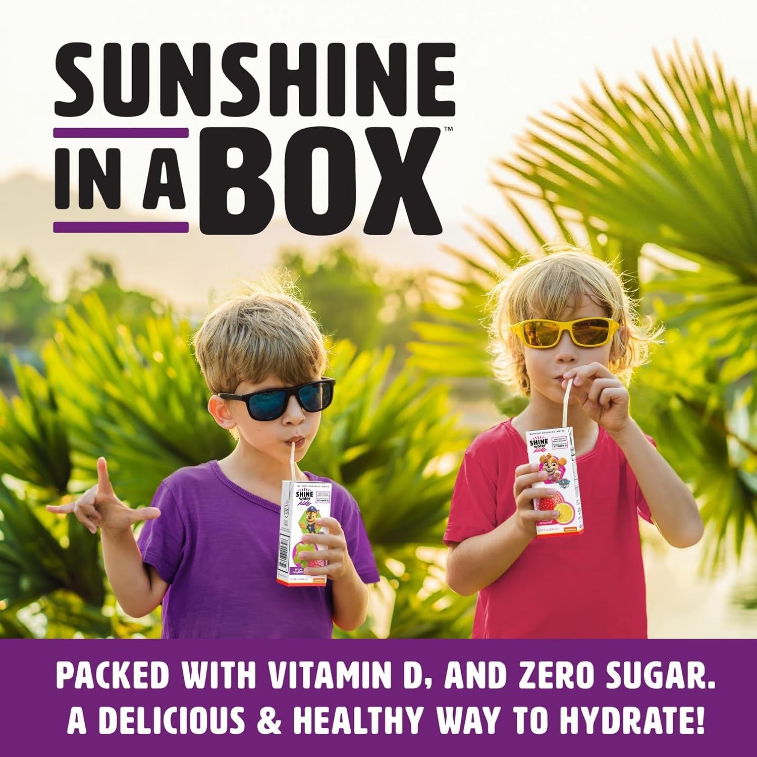 ShineWater Kids Grape Raspberry Sunshine in a Box, kids drinking outdoors