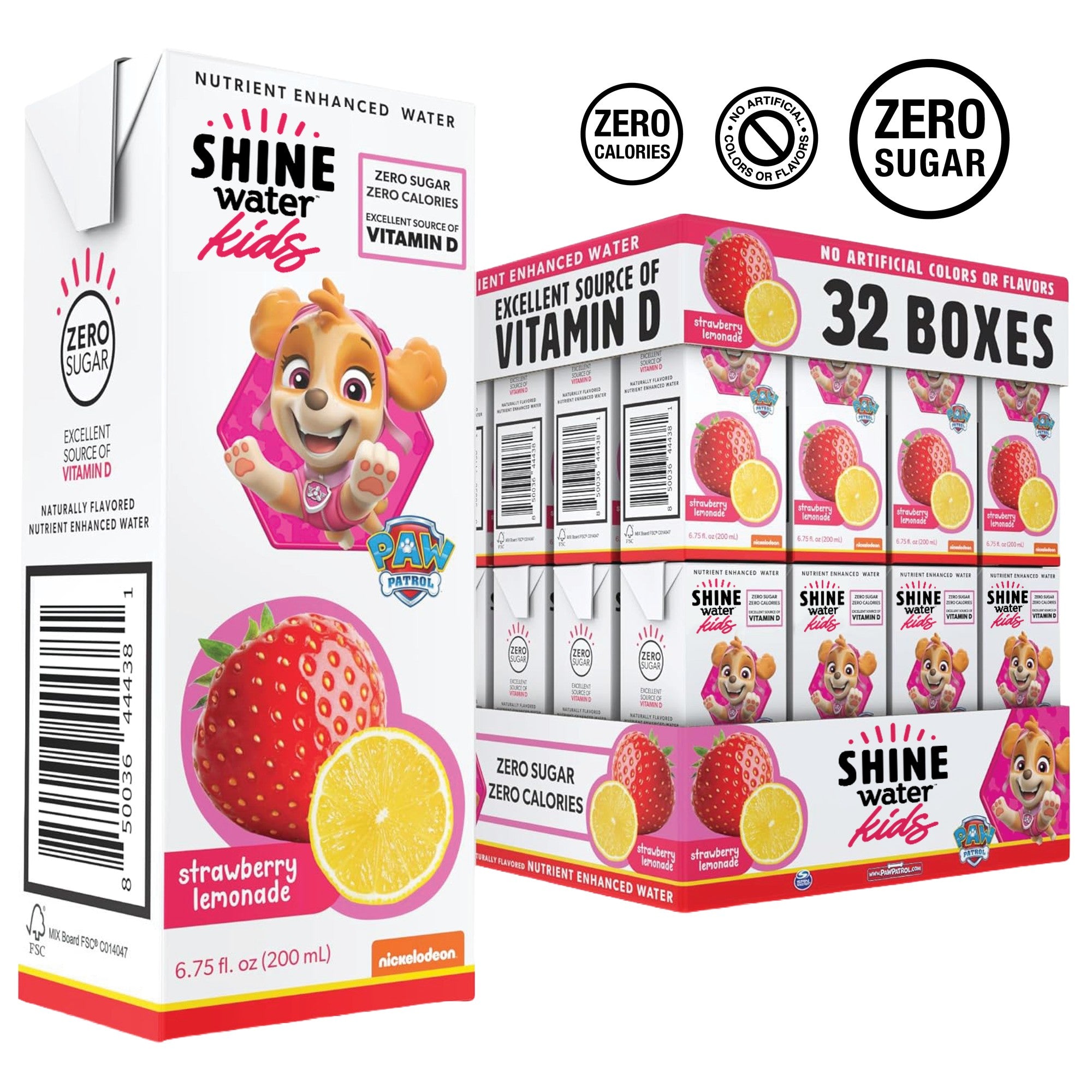 ShineWater Kids Strawberry Lemonade 32-count case with single drink box carton, zero sugar Vitamin D nutrient enhanced water